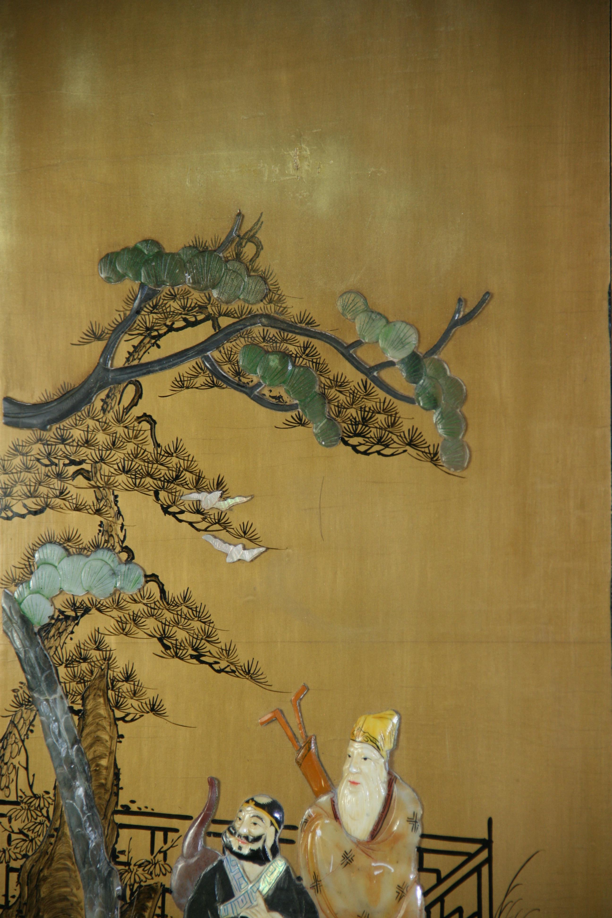 Vintage Chinese  Two Panel Colored stone Ansestoral Court Scene Panels For Sale 2