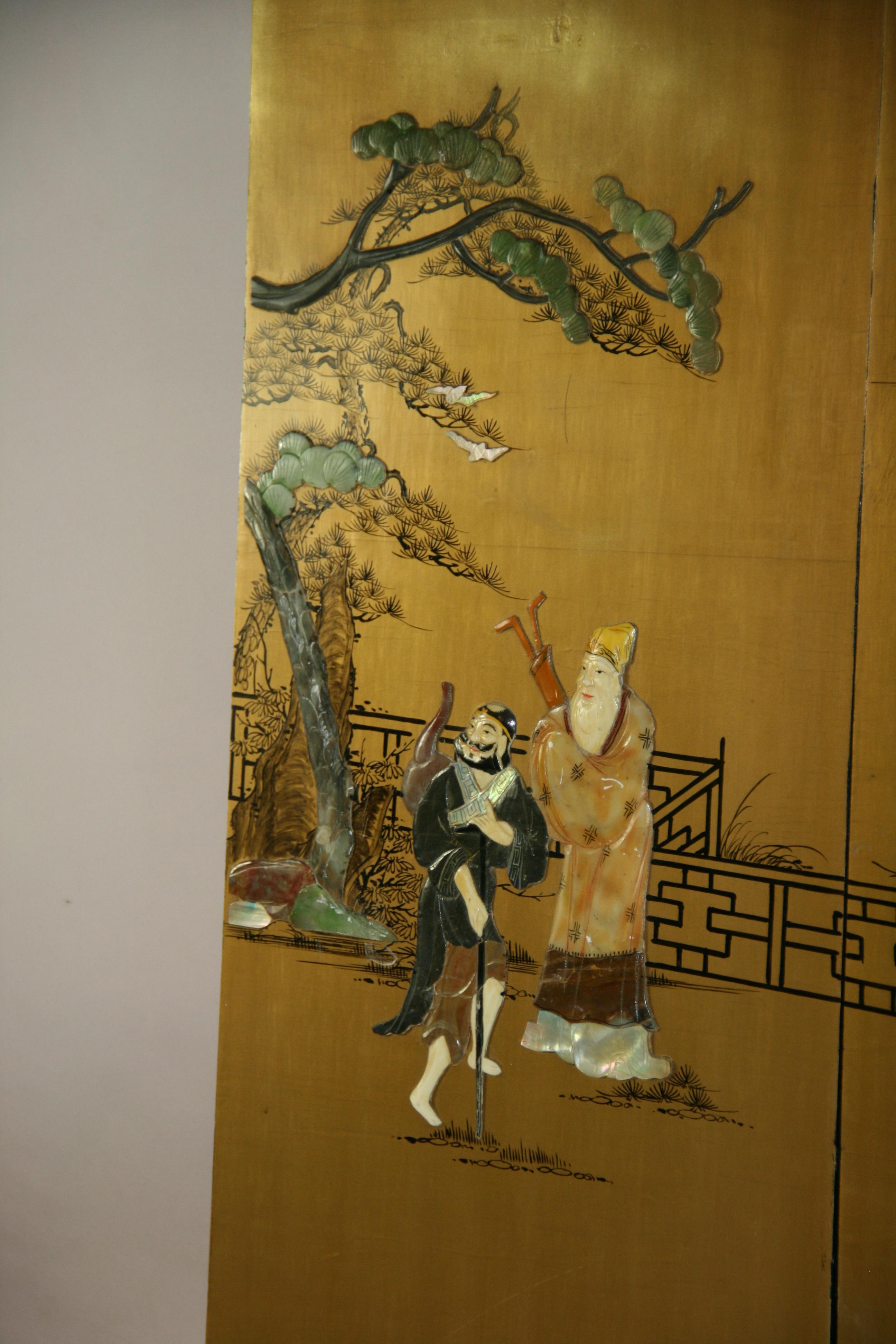Vintage Chinese  Two Panel Colored stone Ansestoral Court Scene Panels For Sale 3