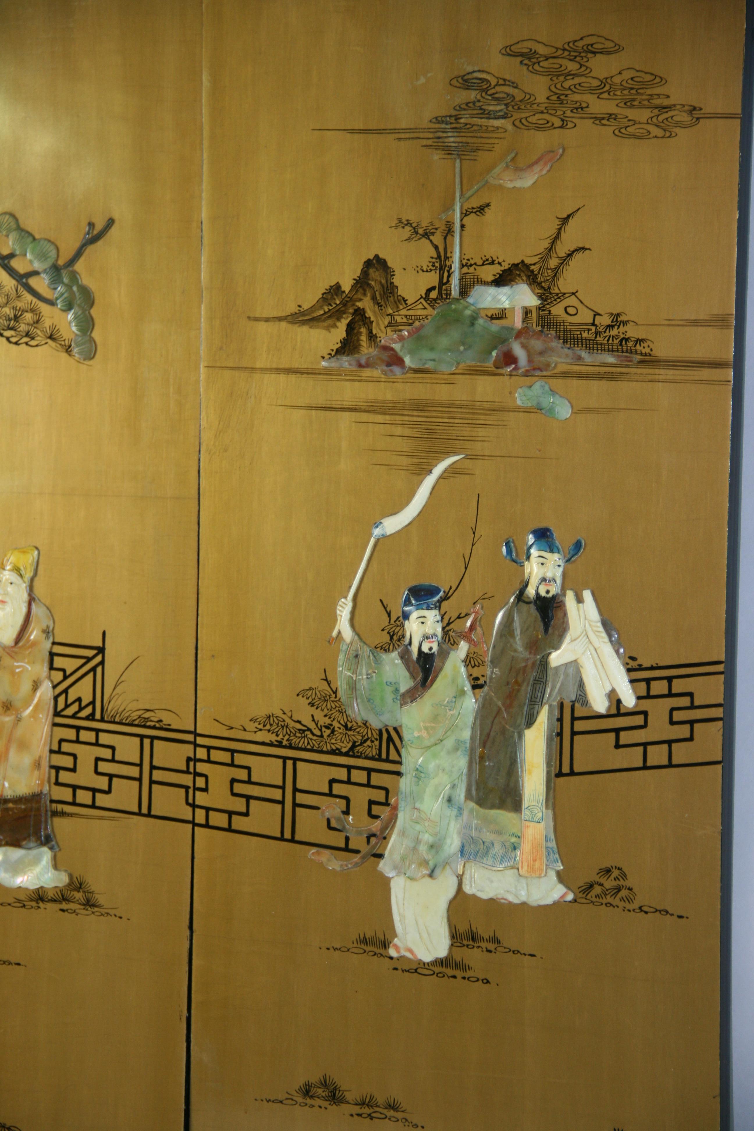 Vintage Chinese  Two Panel Colored stone Ansestoral Court Scene Panels For Sale 4