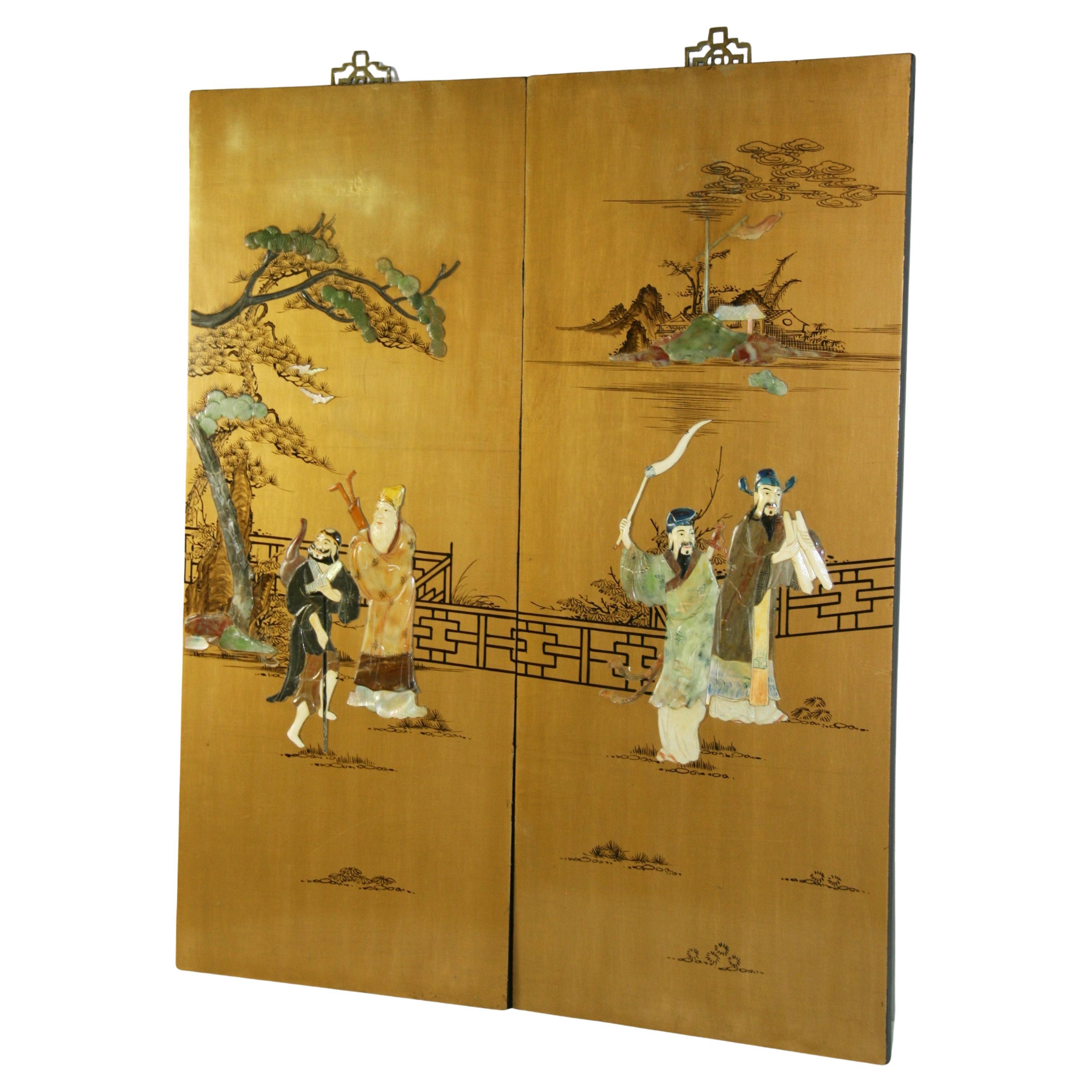 Vintage Chinese  Two Panel Colored stone Ansestoral Court Scene Panels