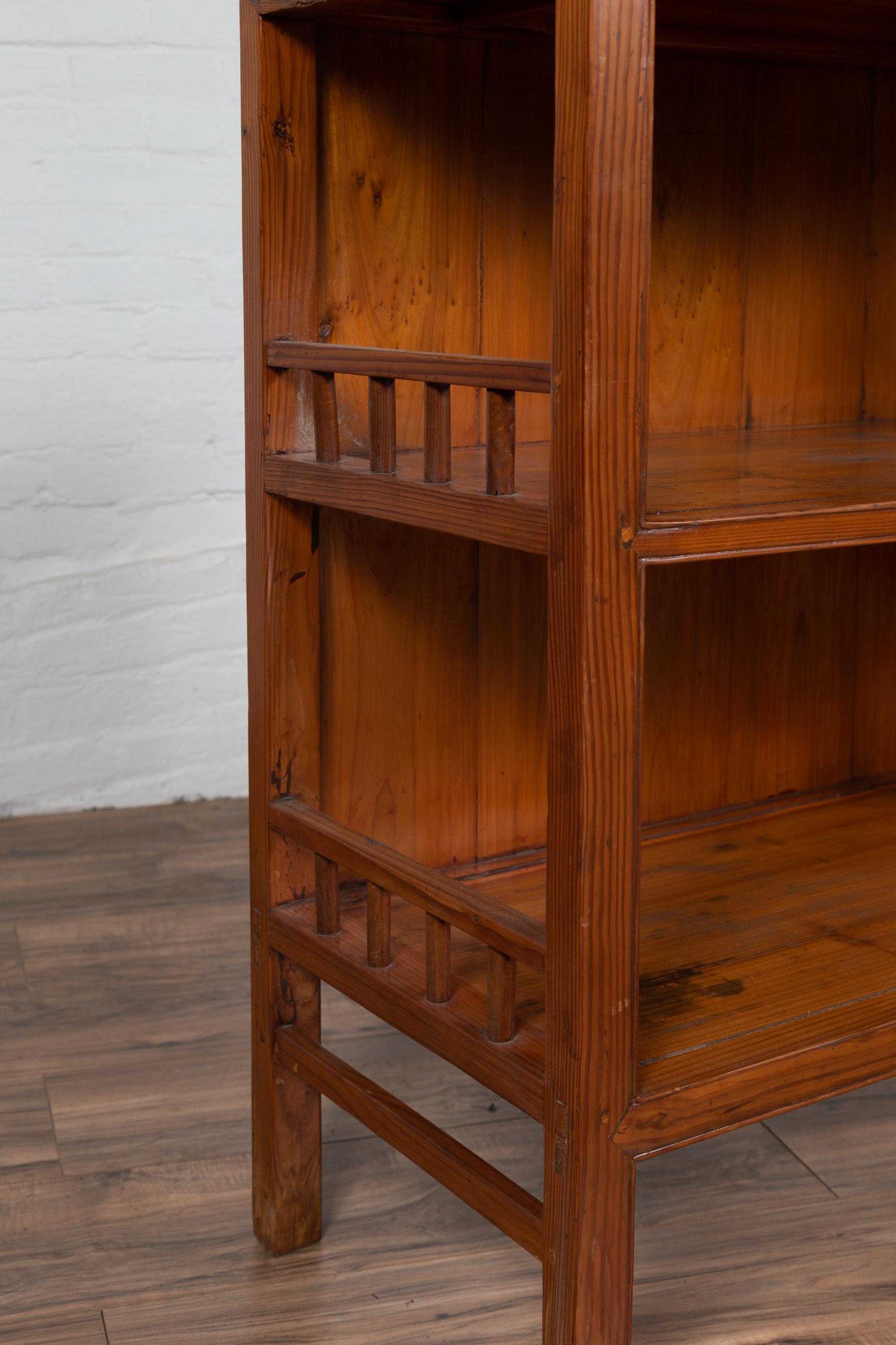 Vintage Chinese Two-Part Elmwood Bookcase with Pillar-Shaped Strut Motifs 7