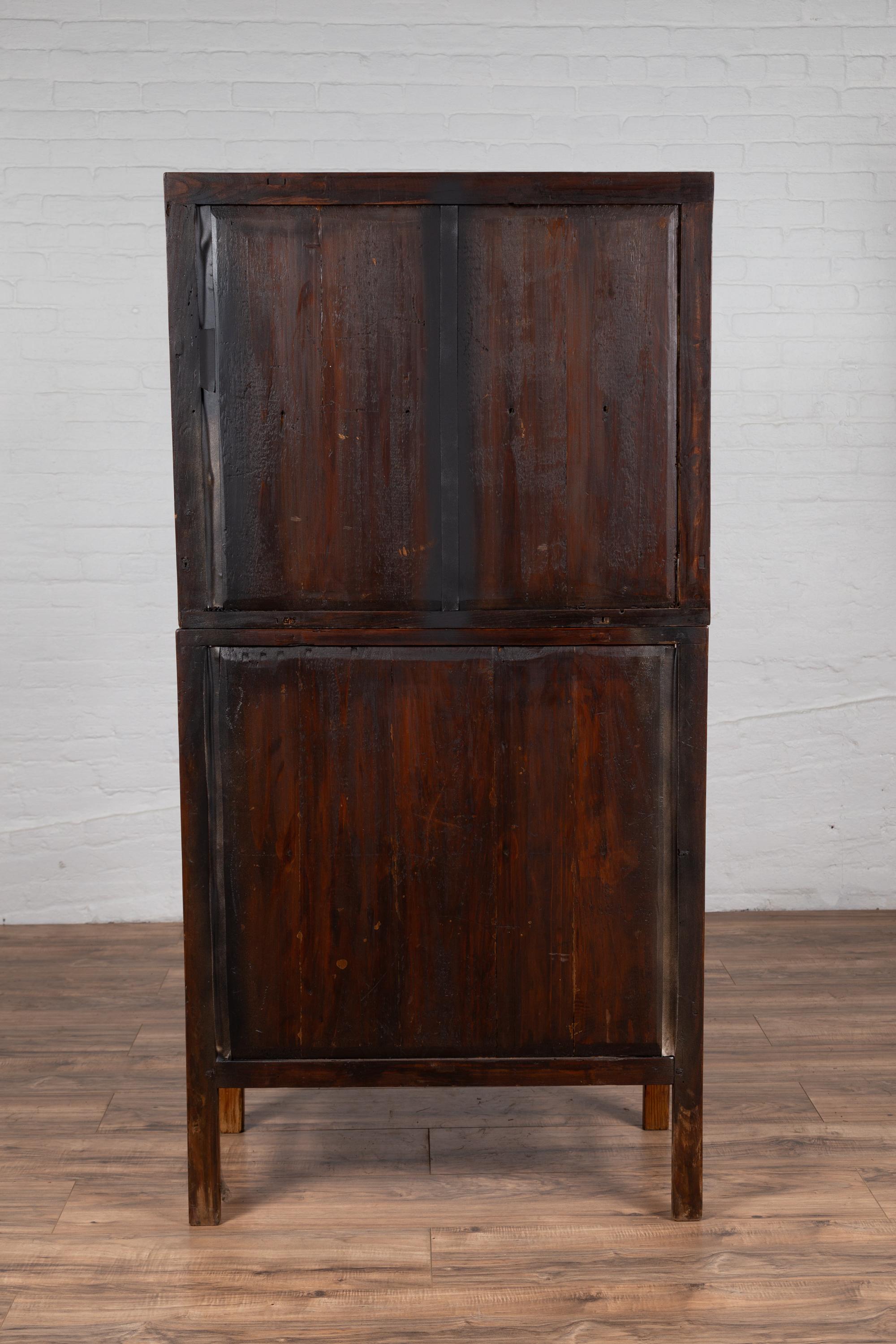 Vintage Chinese Two-Part Elmwood Bookcase with Pillar-Shaped Strut Motifs 8