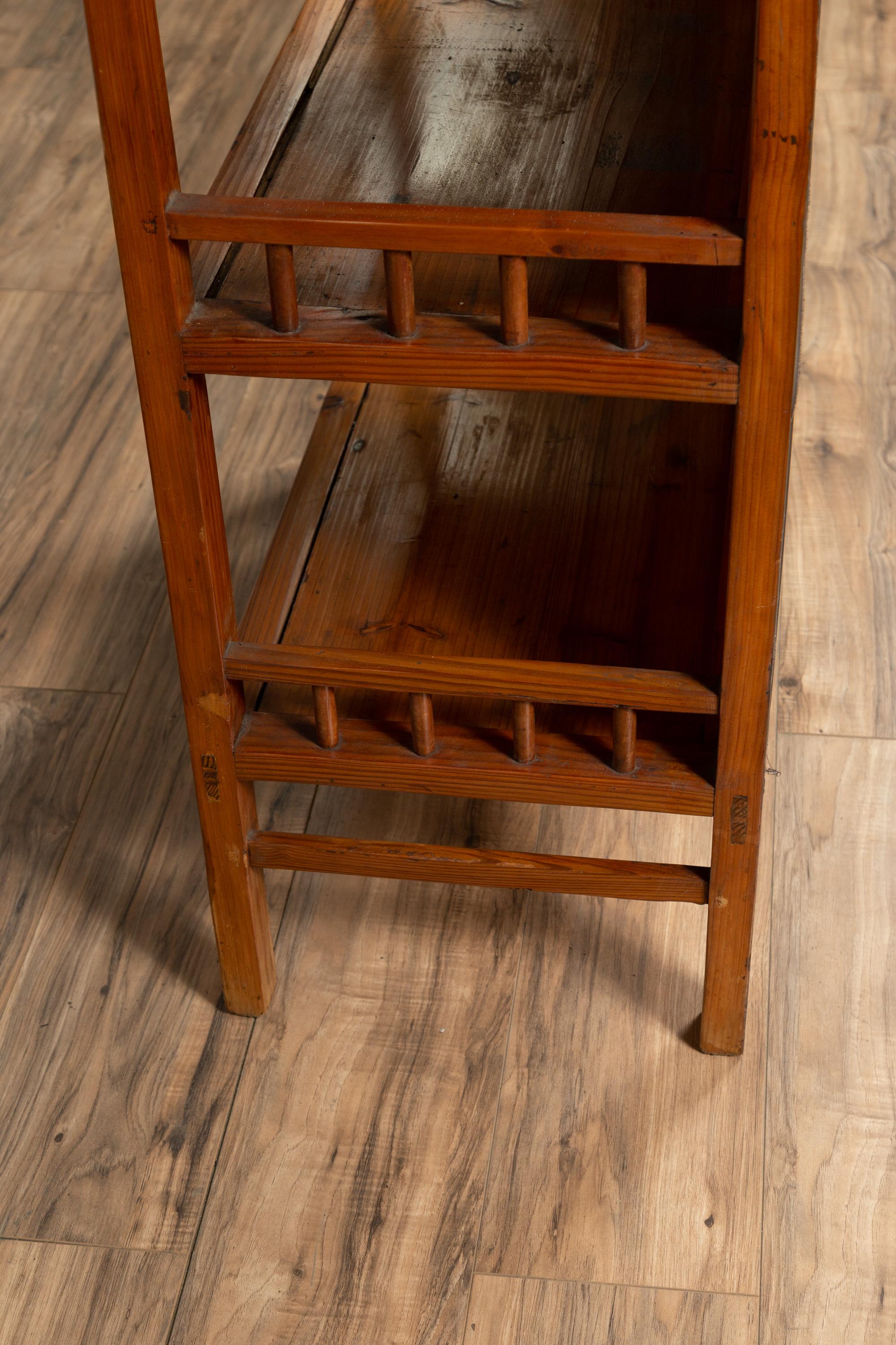 Vintage Chinese Two-Part Elmwood Bookcase with Pillar-Shaped Strut Motifs 9