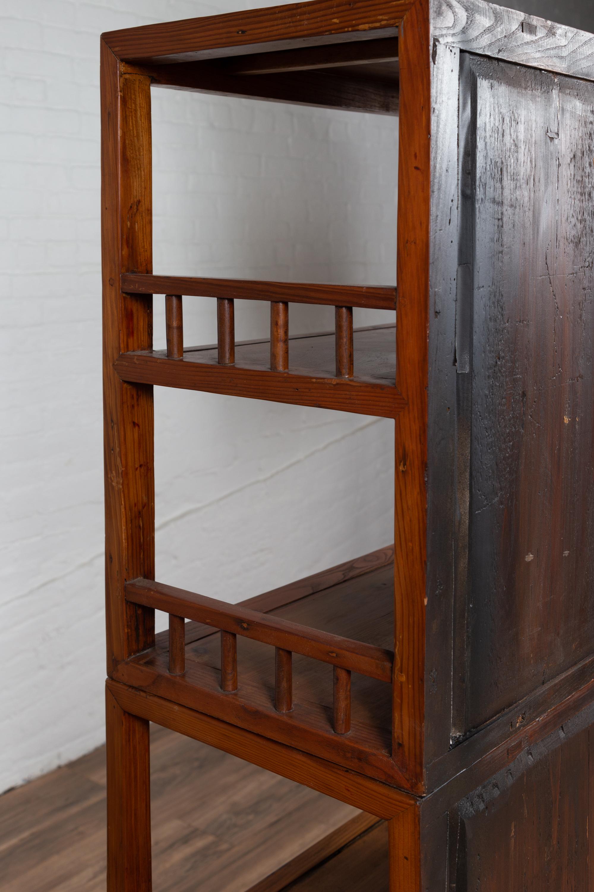 Vintage Chinese Two-Part Elmwood Bookcase with Pillar-Shaped Strut Motifs 10