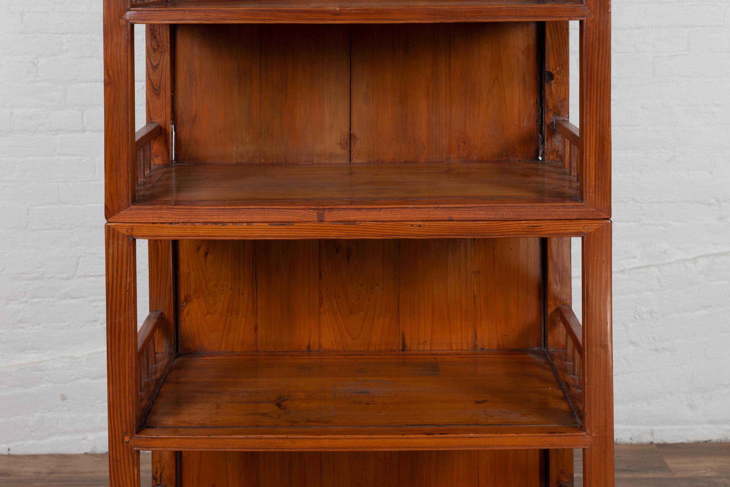 20th Century Vintage Chinese Two-Part Elmwood Bookcase with Pillar-Shaped Strut Motifs