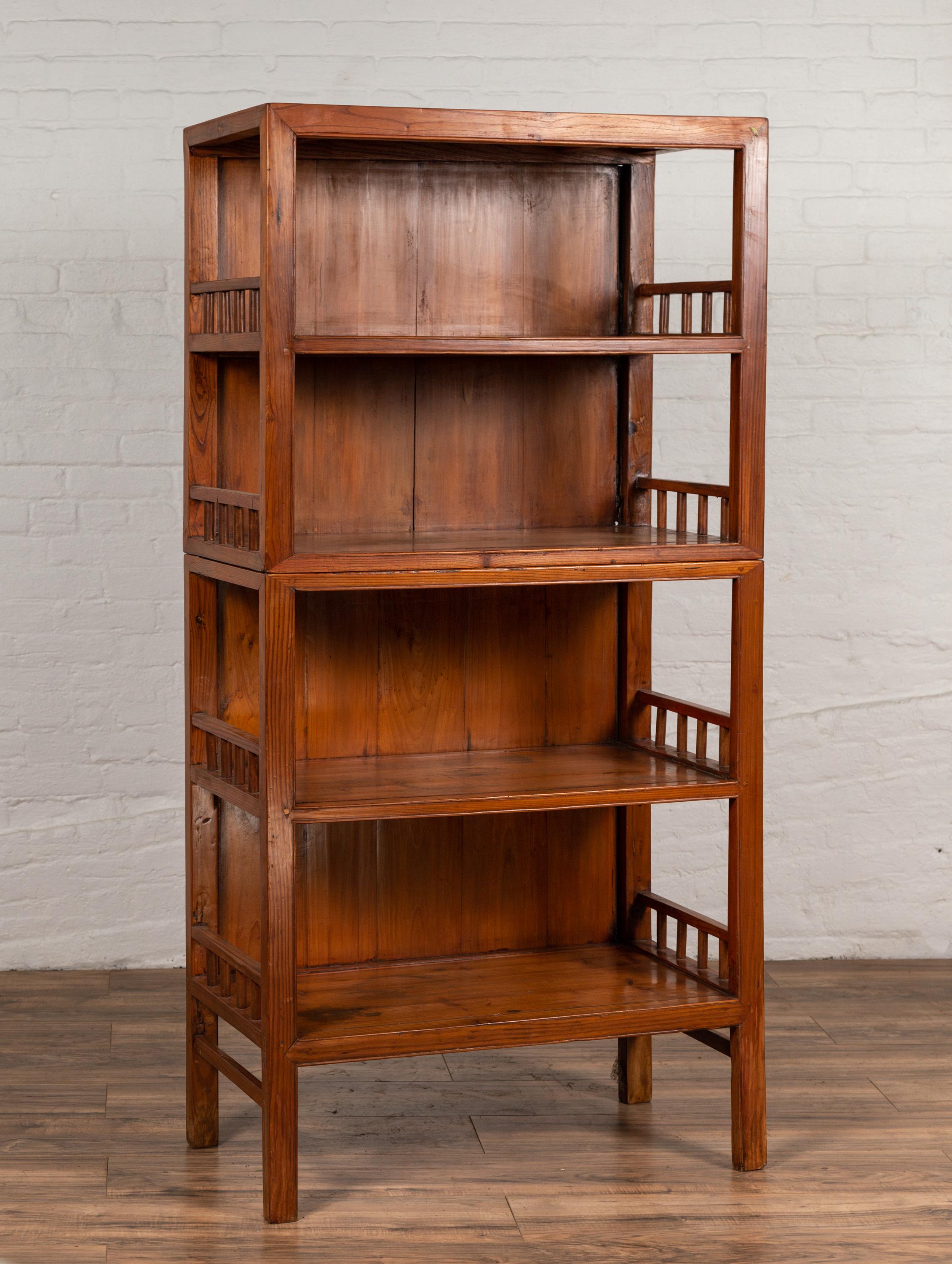 Vintage Chinese Two-Part Elmwood Bookcase with Pillar-Shaped Strut Motifs 4