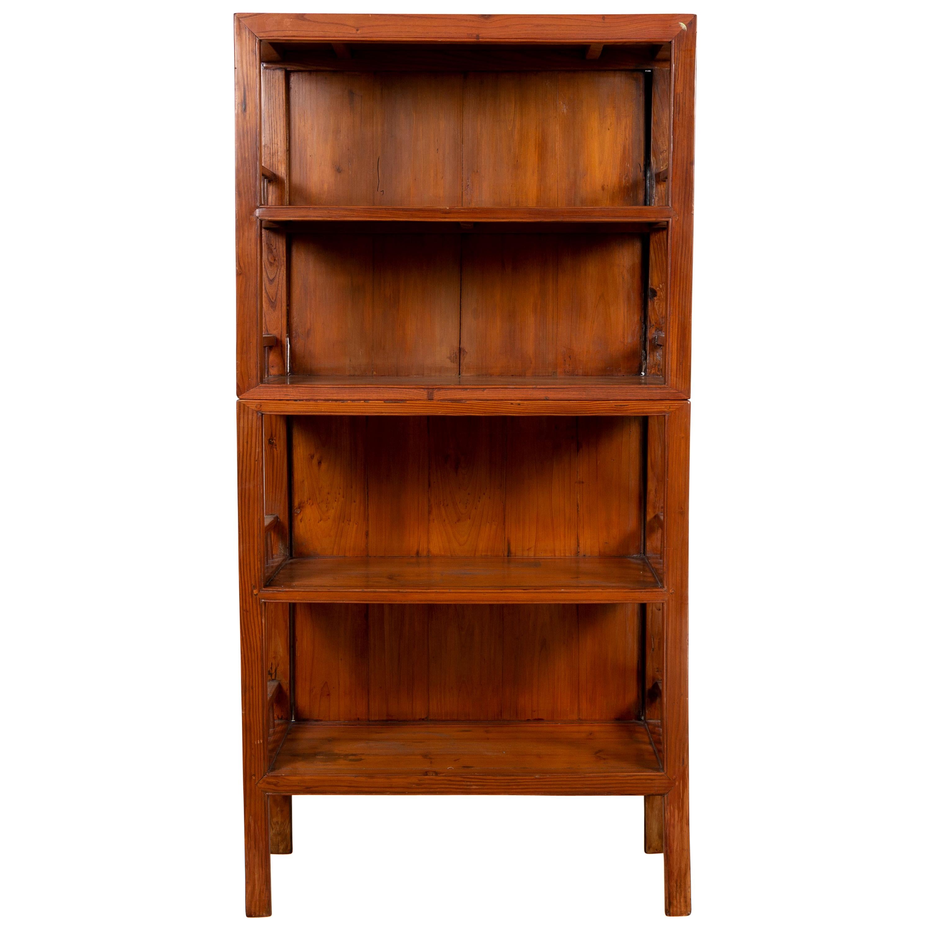 Vintage Chinese Two-Part Elmwood Bookcase with Pillar-Shaped Strut Motifs