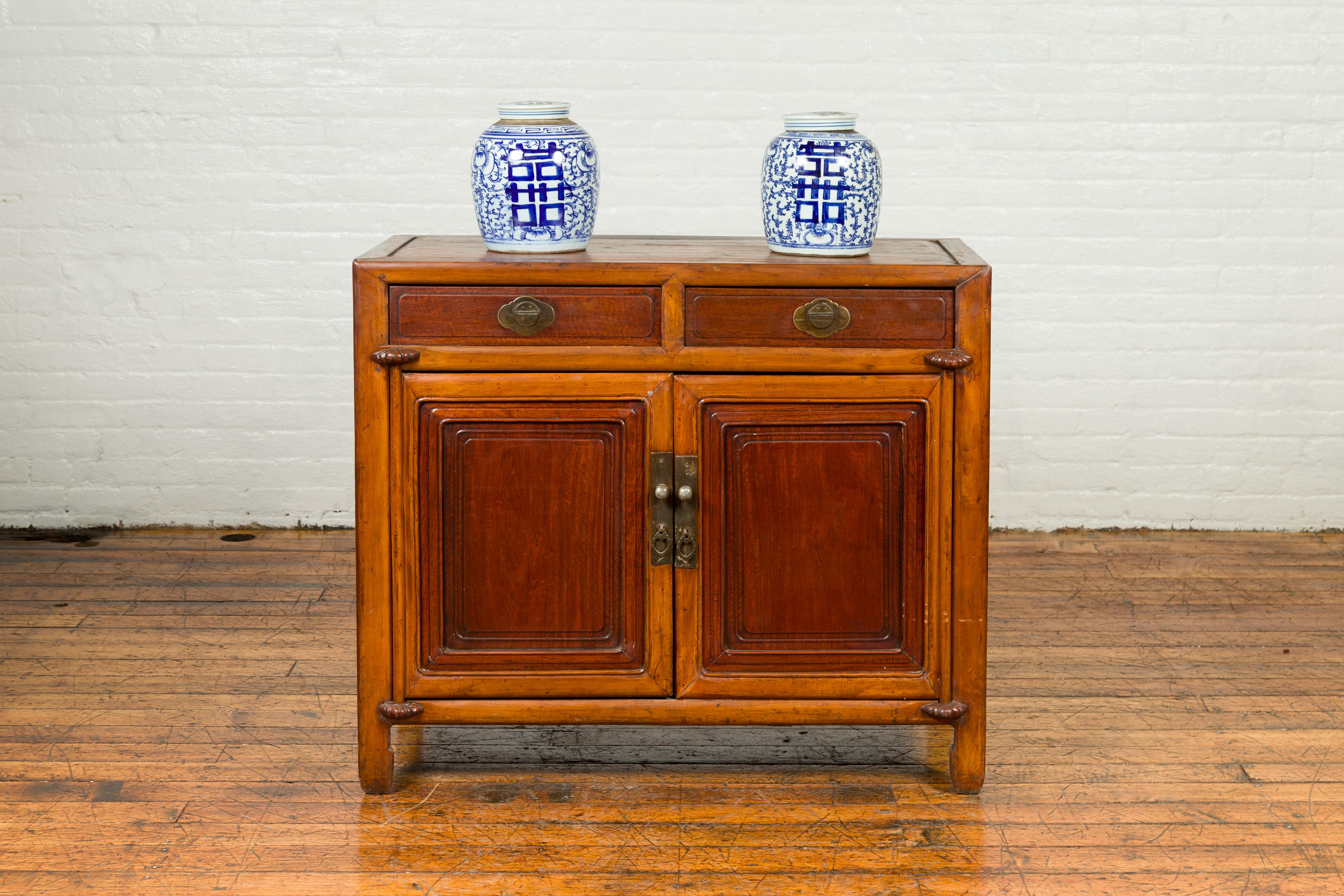Asian Vintage Chinese Two-Toned Cabinet with Drawers, Doors and Bronze Hardware