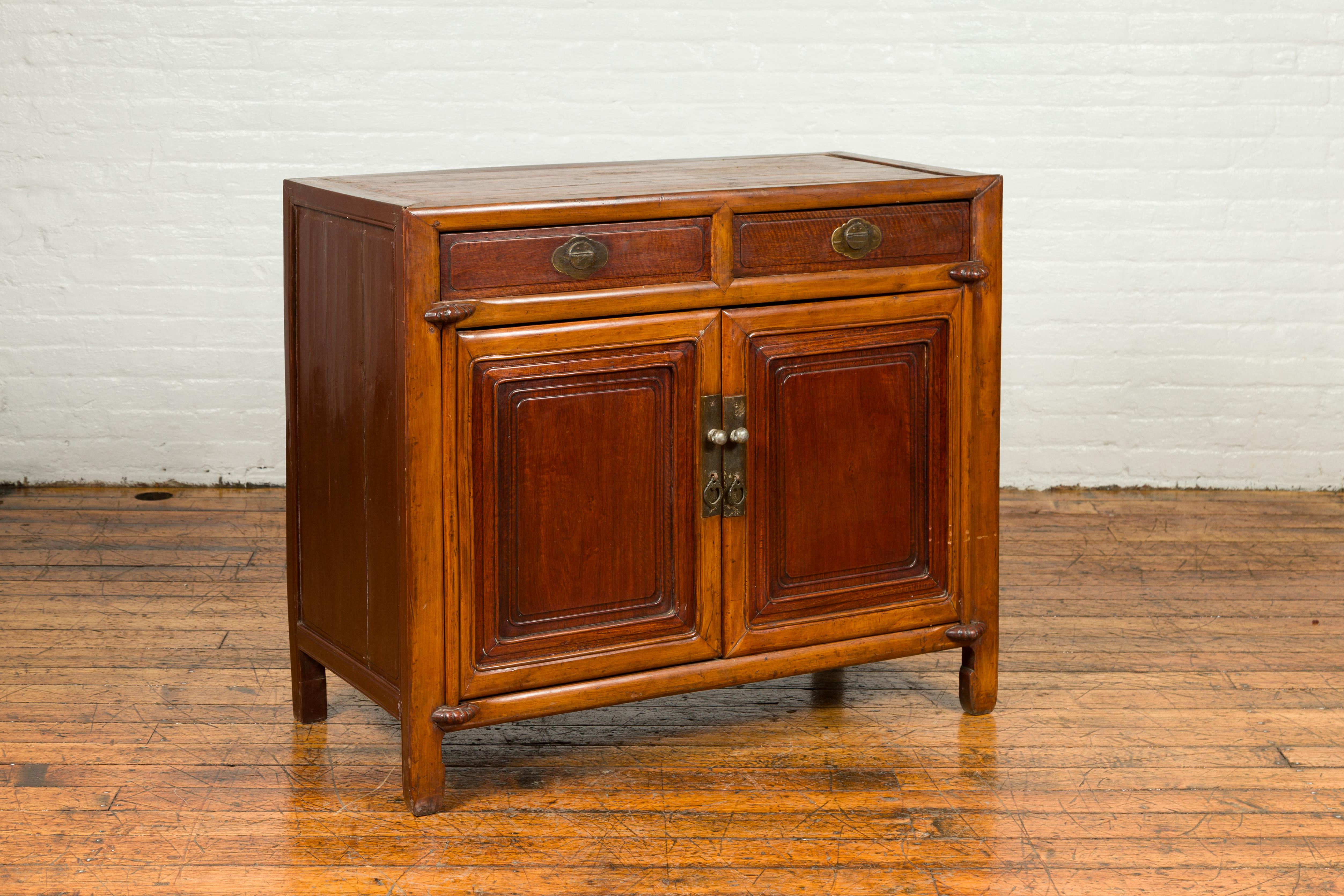 Vintage Chinese Two-Toned Cabinet with Drawers, Doors and Bronze Hardware In Good Condition In Yonkers, NY