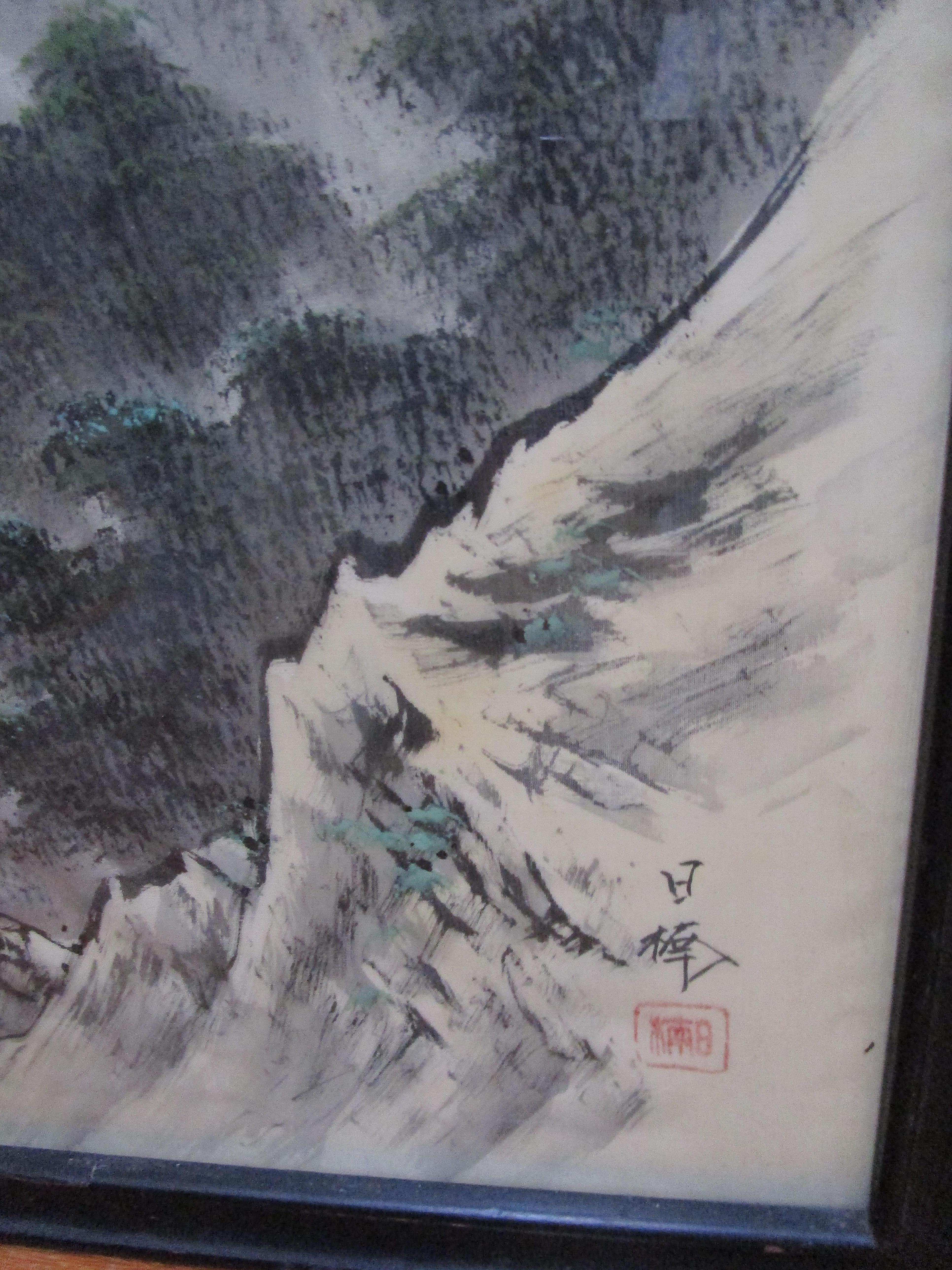 Chinese Export Vintage Chinese Watercolor and Ink Landscape of Senjojiki Cirque, Near Nagoya For Sale