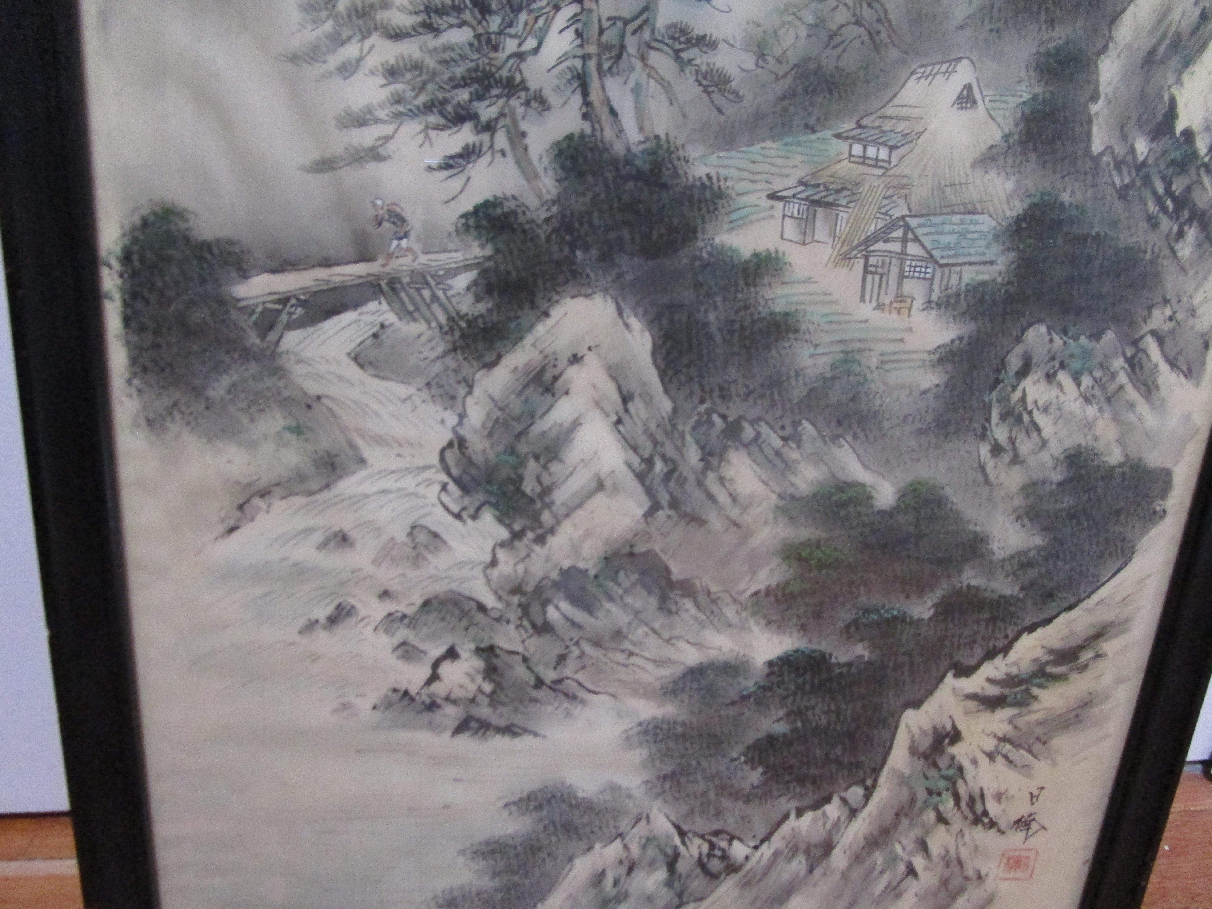 Vintage Chinese Watercolor and Ink Landscape of Senjojiki Cirque, Near Nagoya In Good Condition For Sale In Lomita, CA