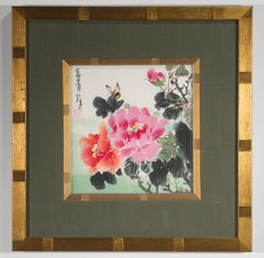 Vintage Chinese Watercolor Framed Painting of Flowers & Butterfly