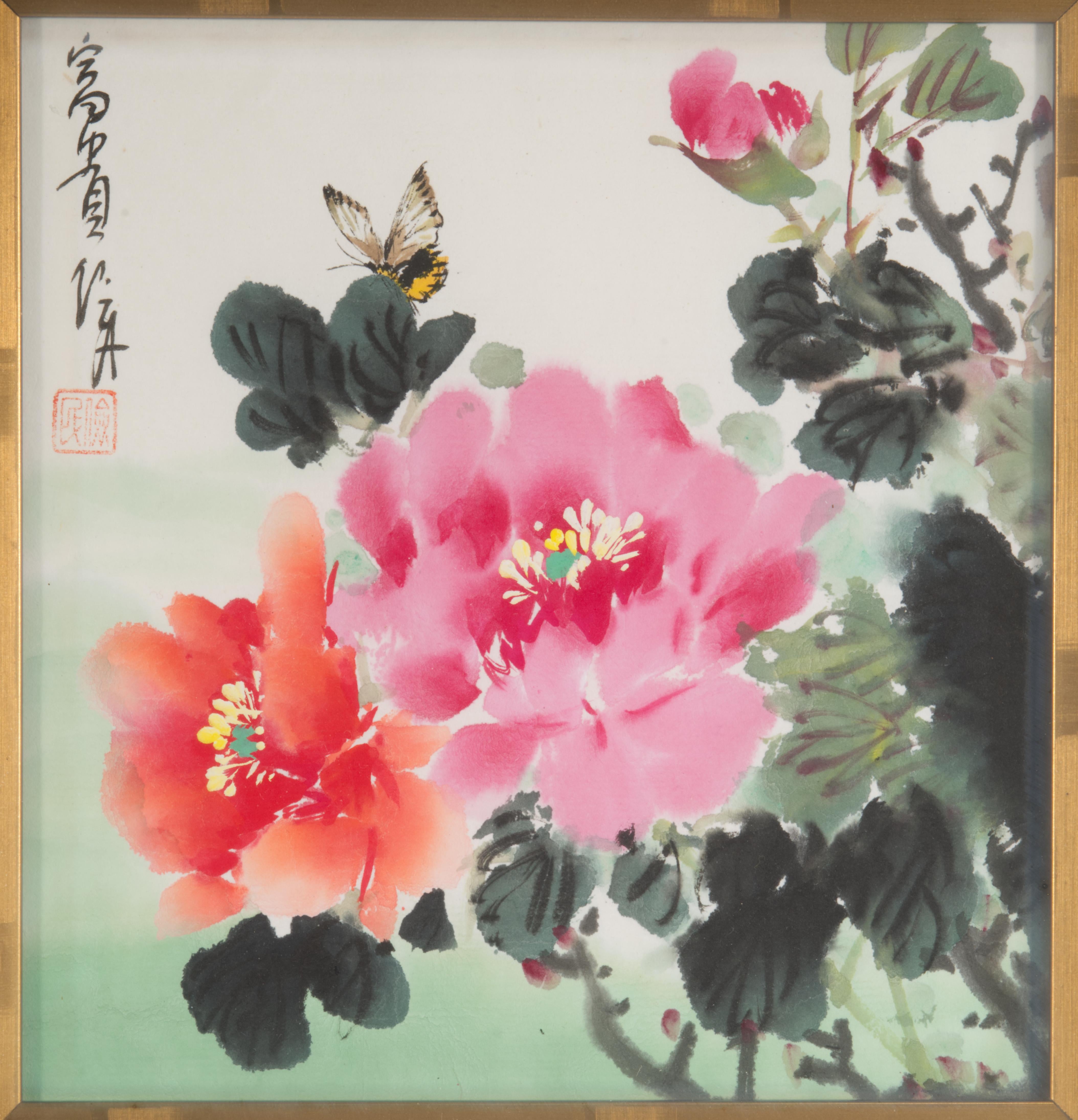 Chinoiseries Peinture aquarelle chinoise vintage encadrée de fleurs et papillons en vente