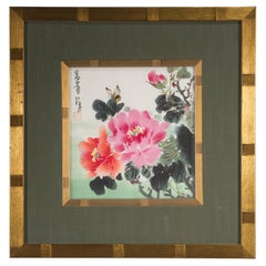 Vintage Chinese Watercolor Framed Painting of Flowers & Butterfly