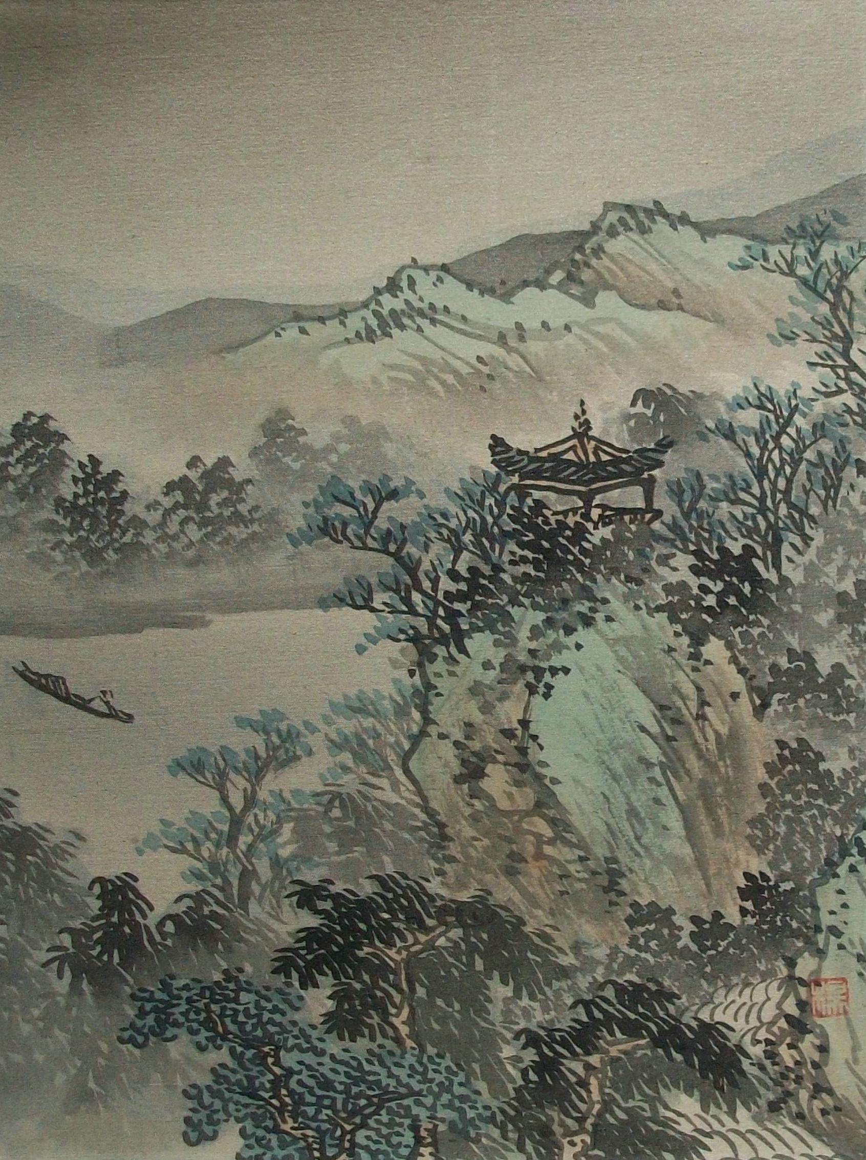 Vintage traditional style watercolor and ink landscape painting on silk (applied to paper backing) - hand painted - silk damask textile border - signed with a red seal lower right (unidentified artist) - China - late 20th century.

Excellent