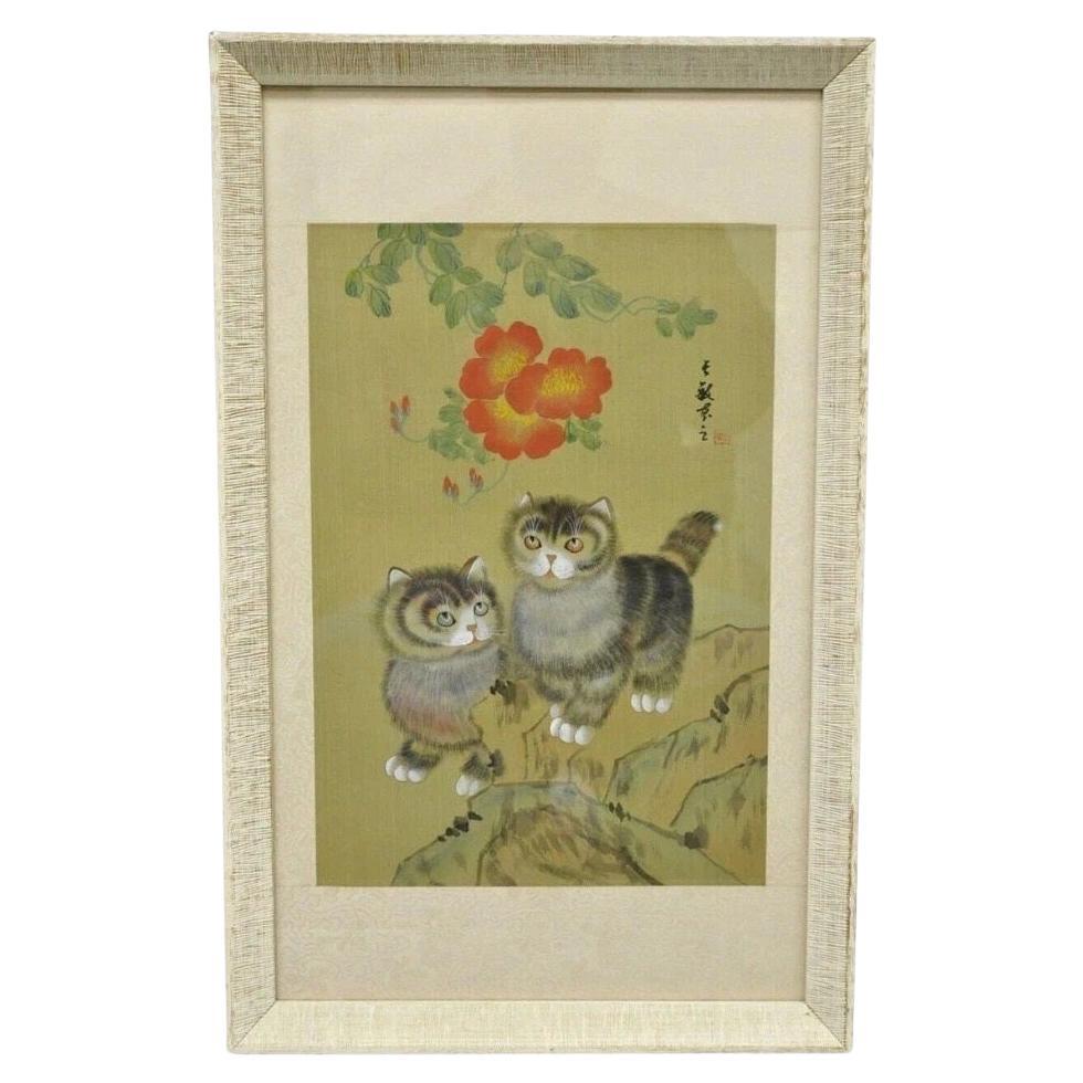 Vintage Chinese Aquarell Siebdruck gerahmt Kunst Gemälde von Katzen und Blumen im Angebot
