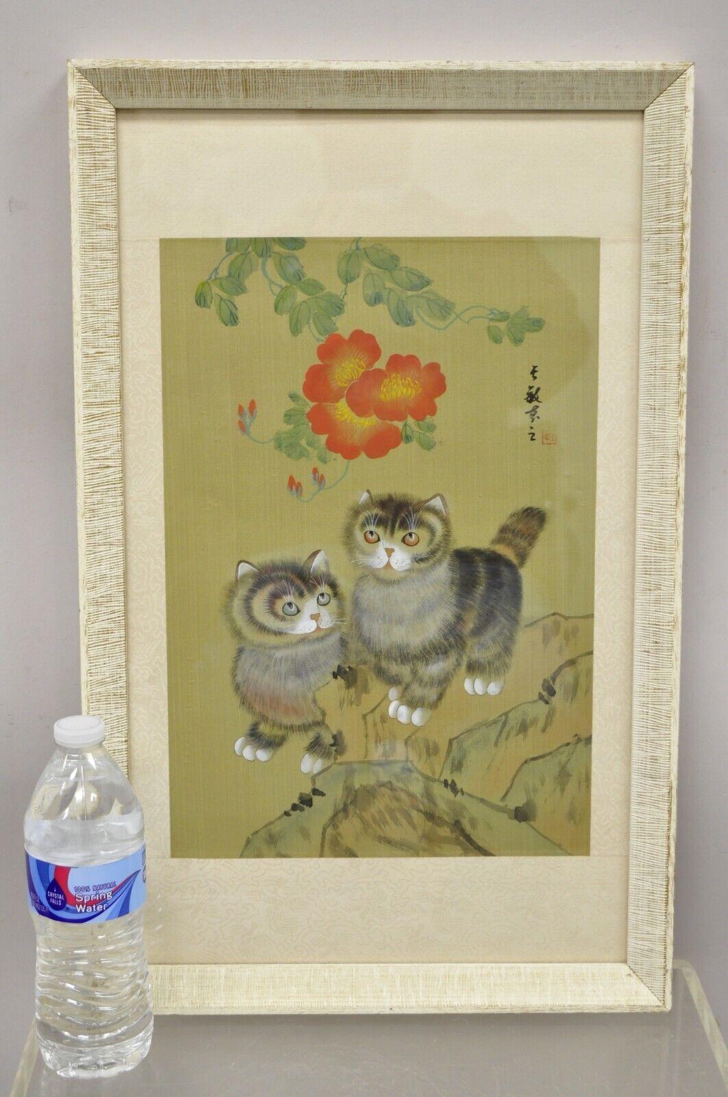 Vintage Chinese Watercolor Silkscreen Framed Painting of Cats and Flowers For Sale 4