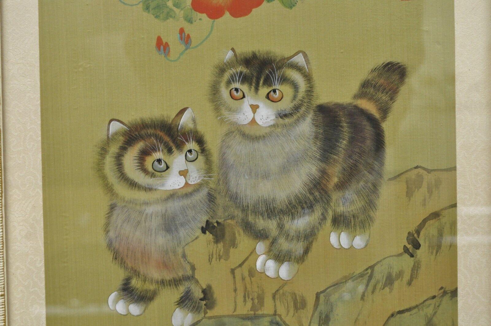 Vintage Chinese Watercolor Silkscreen Framed Painting of Cats and Flowers For Sale 5