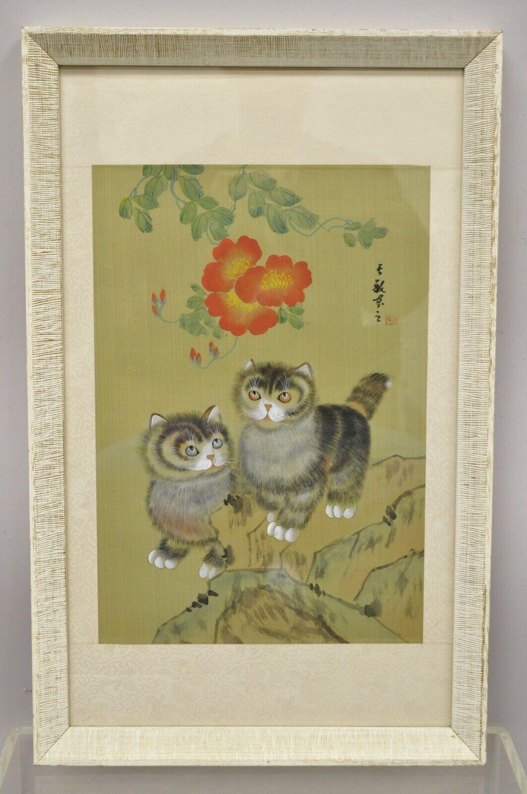 Vintage Chinese Watercolor silkscreen Framed Painting of Cats and Flowers. Circa Mid to late 20th Century. Measurements: 21.5