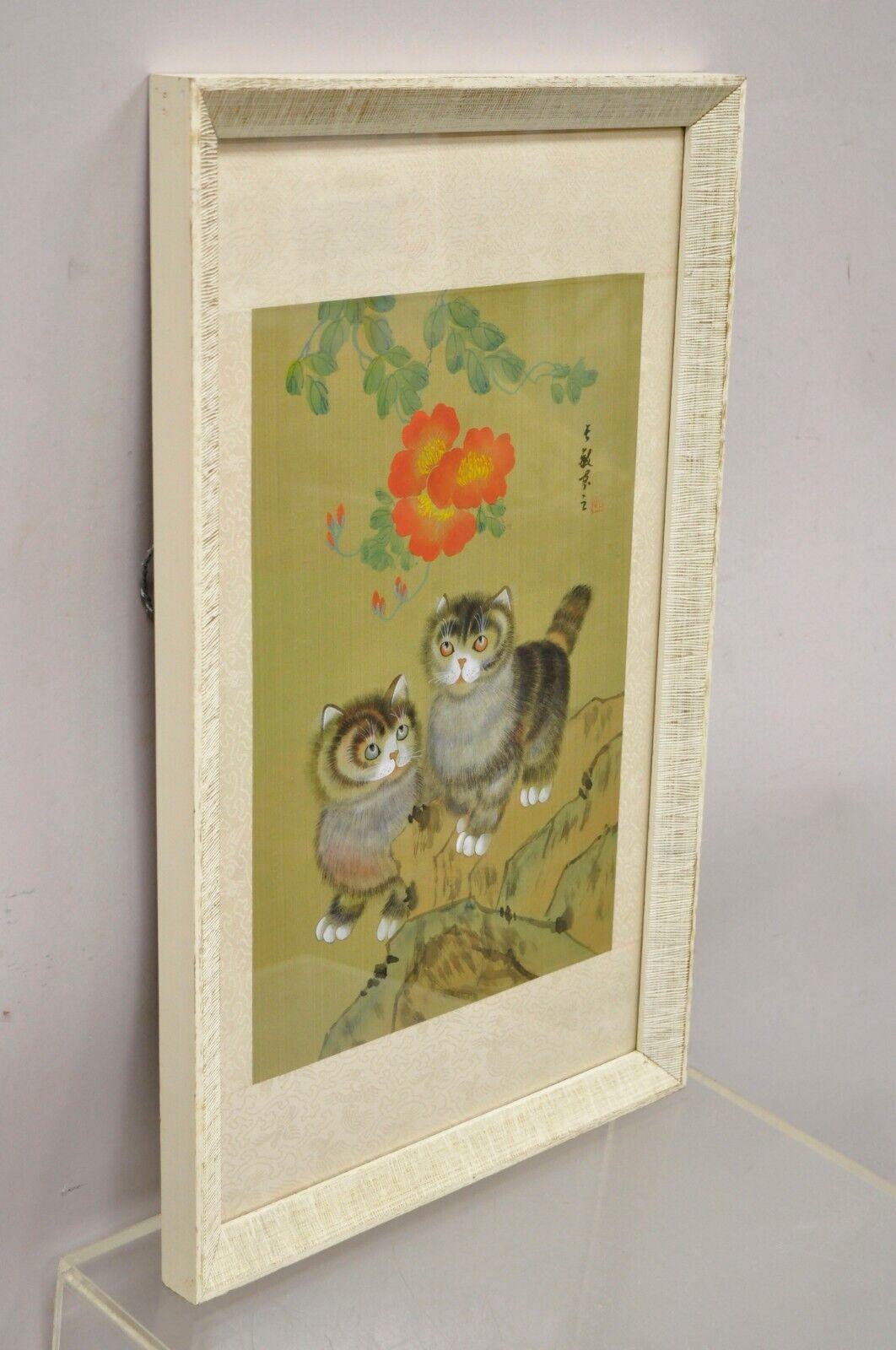 Vintage Chinese Watercolor Silkscreen Framed Painting of Cats and Flowers In Good Condition For Sale In Philadelphia, PA