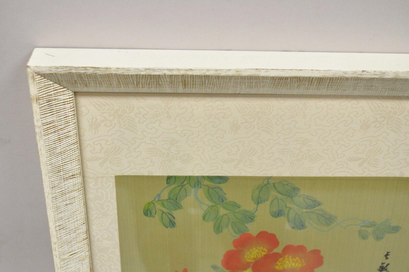 20th Century Vintage Chinese Watercolor Silkscreen Framed Painting of Cats and Flowers For Sale