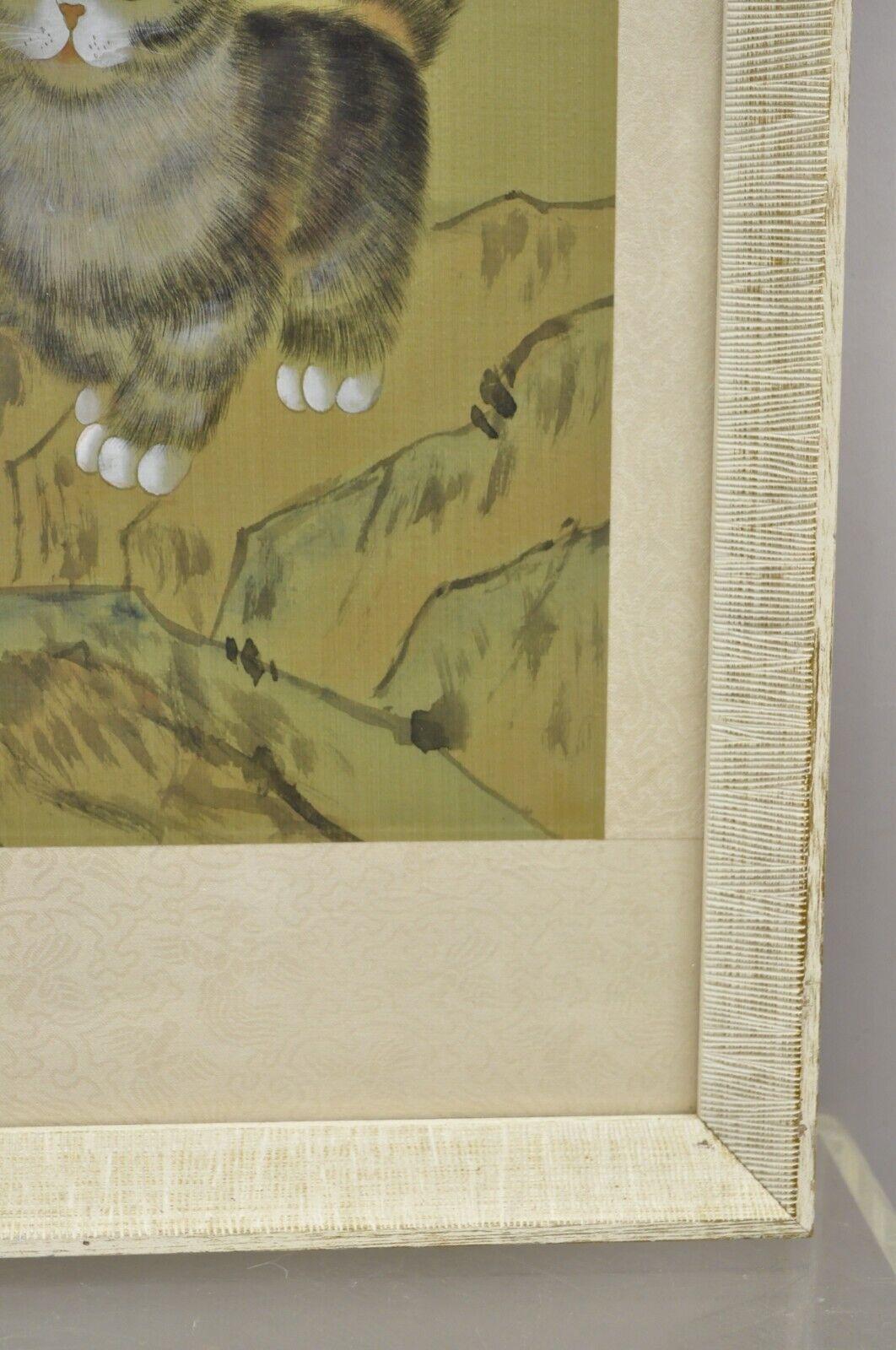 Vintage Chinese Watercolor Silkscreen Framed Painting of Cats and Flowers For Sale 2