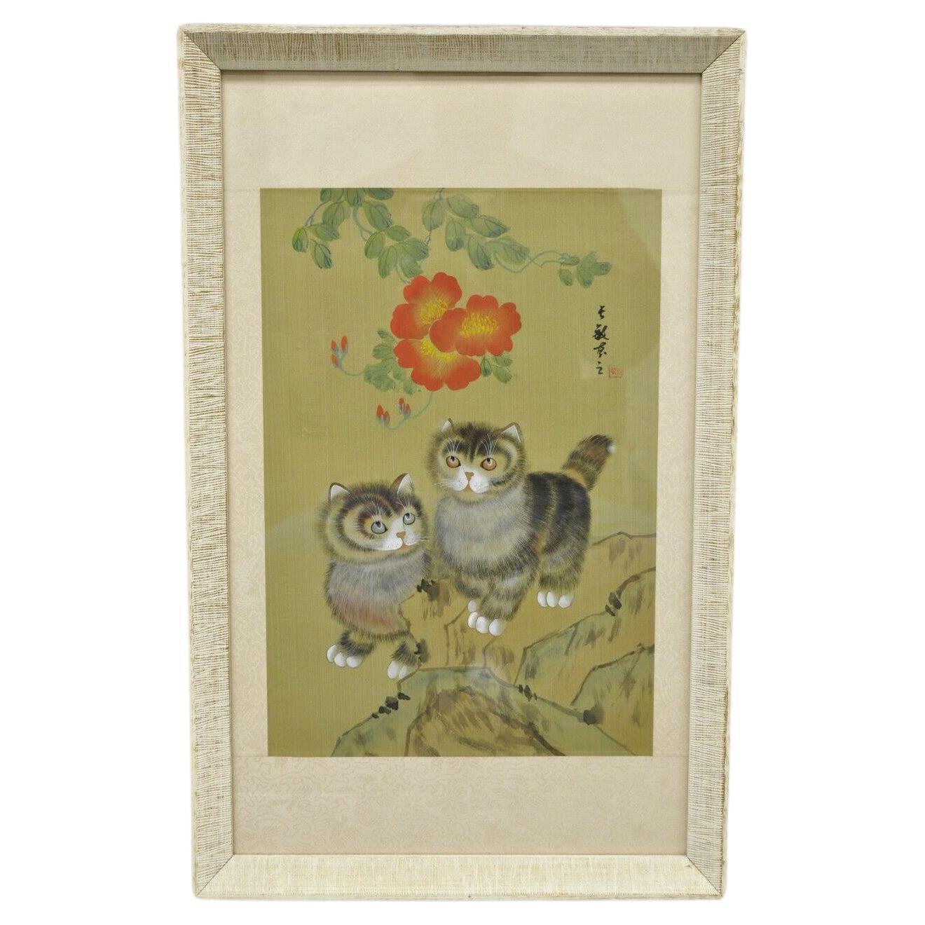 Vintage Chinese Watercolor Silkscreen Framed Painting of Cats and Flowers For Sale