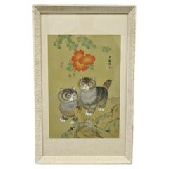 Vintage Chinese Watercolor Silkscreen Framed Painting of Cats and Flowers