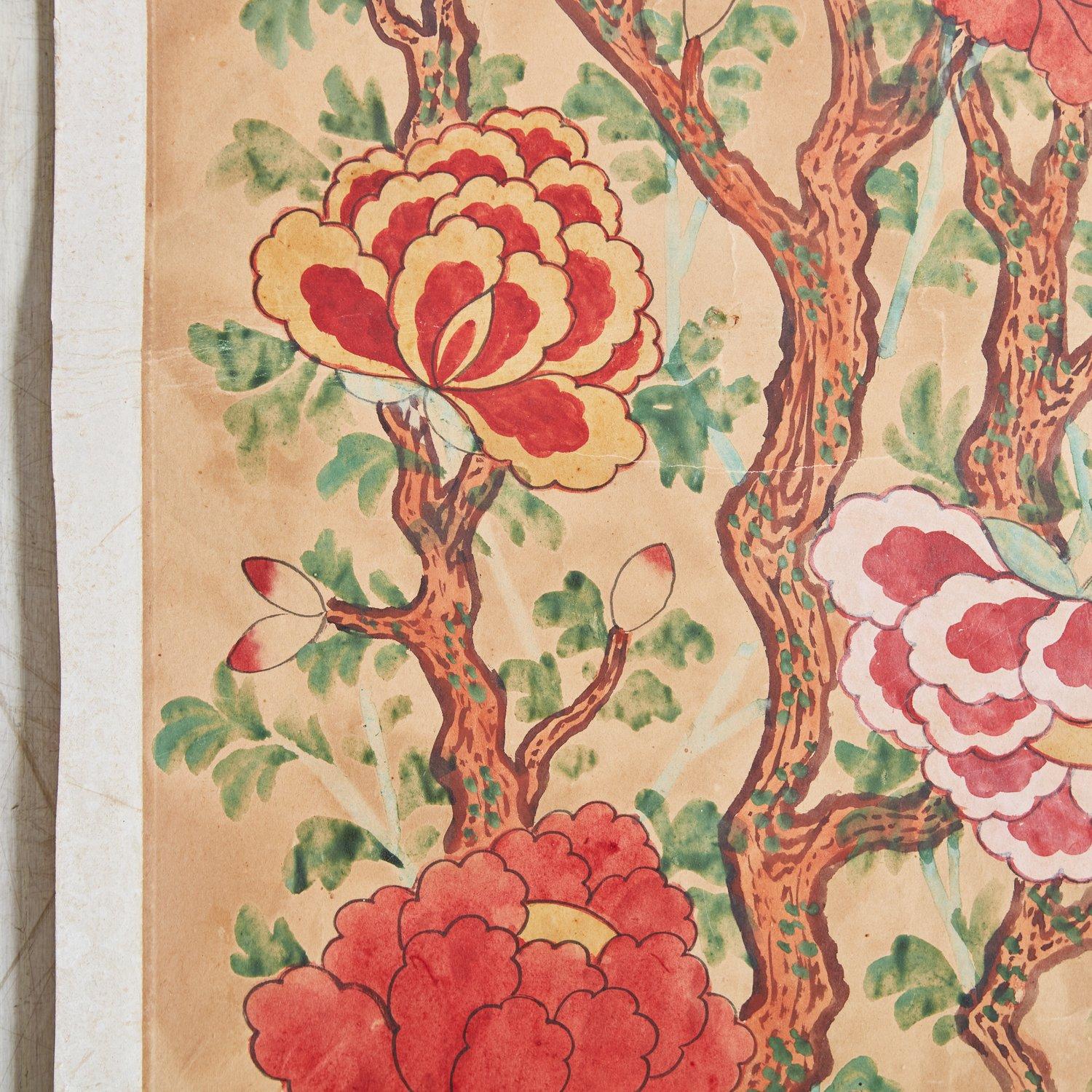 Vintage Chinese hand painted watercolor on paper featuring vibrant floral designs. This piece was acquired from a collector specializing in Chinese art based in Korea and Taiwan. 20th century. One available.
