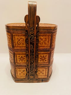 Vintage Chinese wedding basket. Rattan and Bamboo wedding basket. Woodcarving