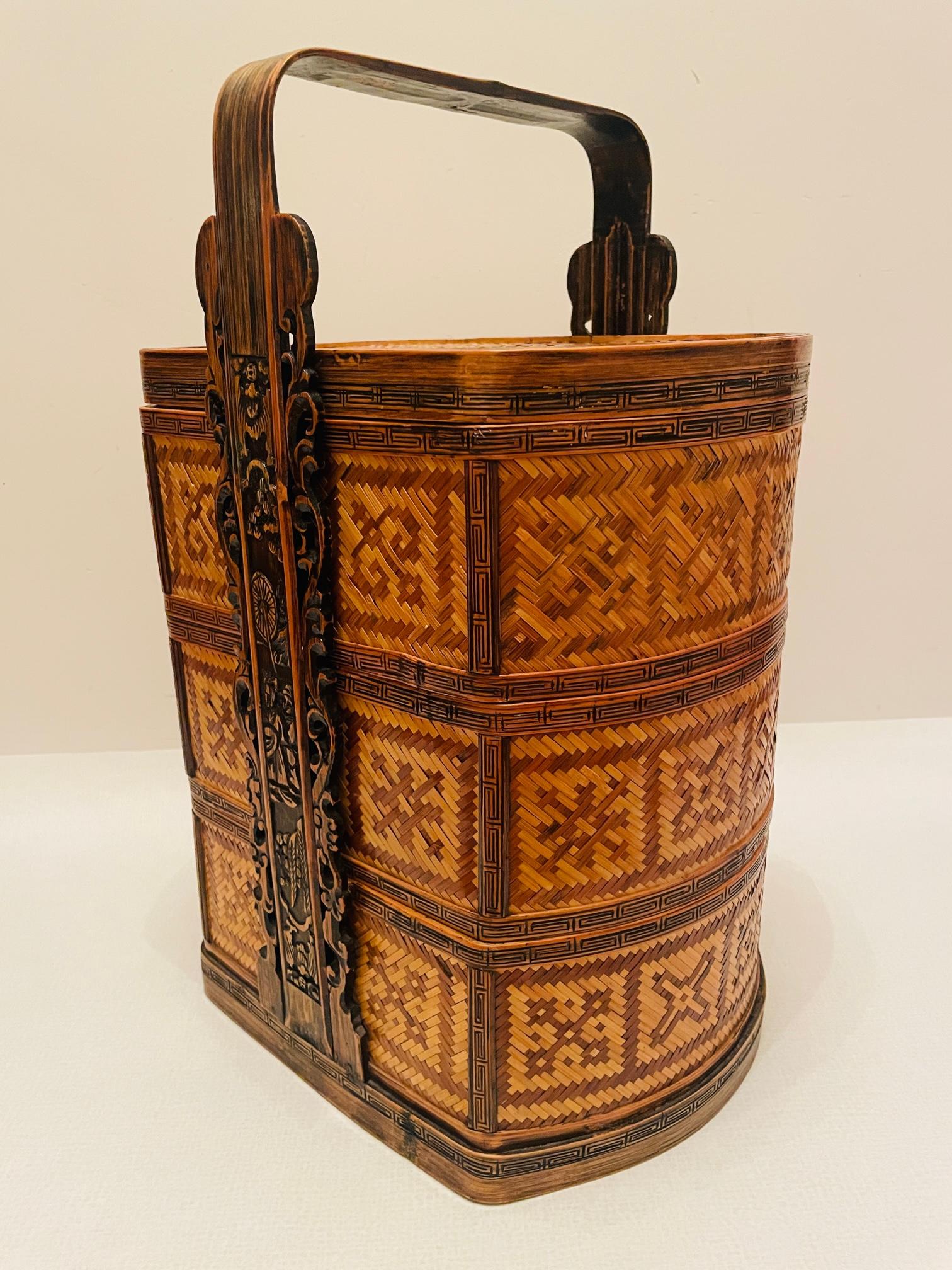 Hand-Carved Vintage Chinese wedding basket. Rattan and Bamboo wedding basket. Woodcarving For Sale