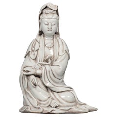 Vintage Chinese White Glazed Porcelain Sitting Guan Yin Buddha Figurine Statue