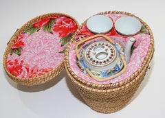 Vintage Chinese White Mun Shou Porcelain Tea Set in Basket