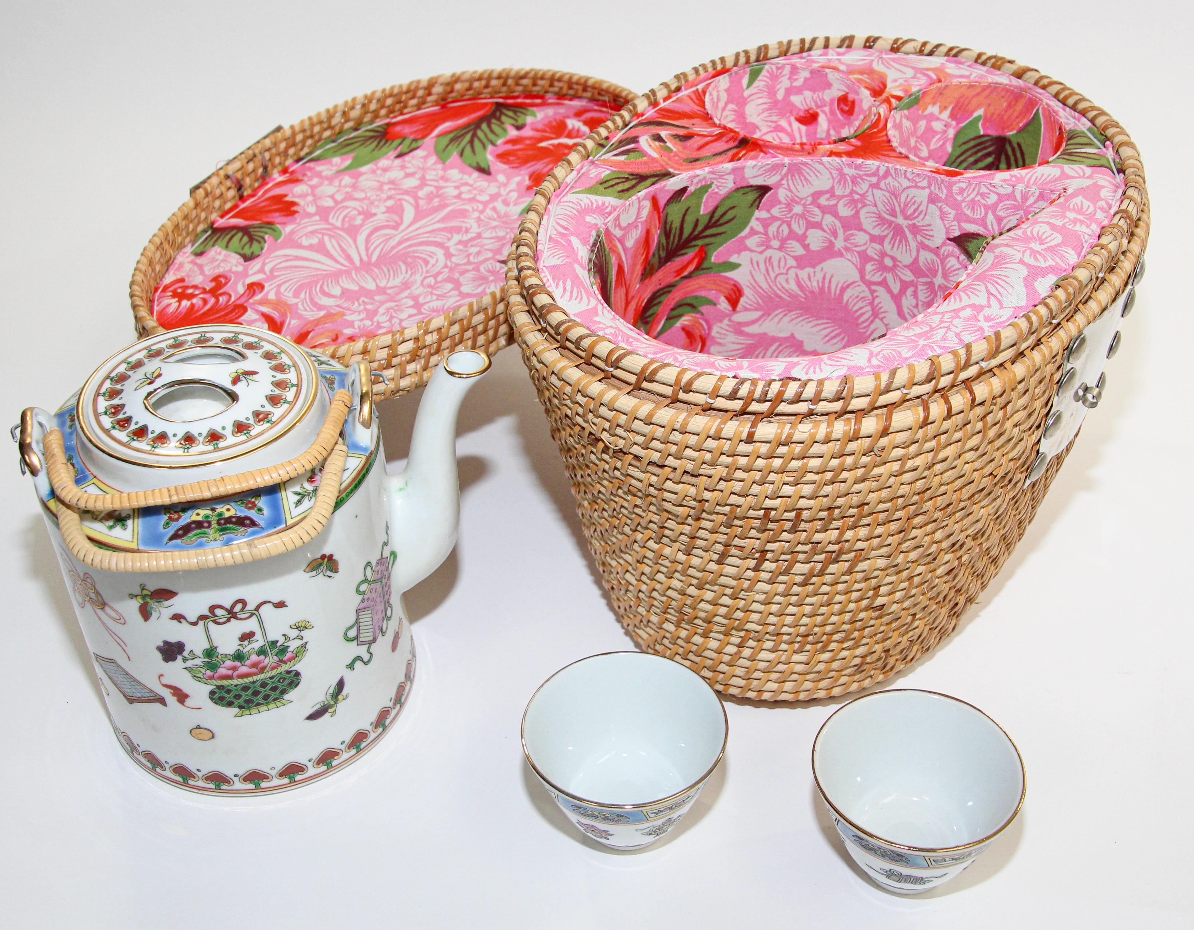 chinese tea set in basket
