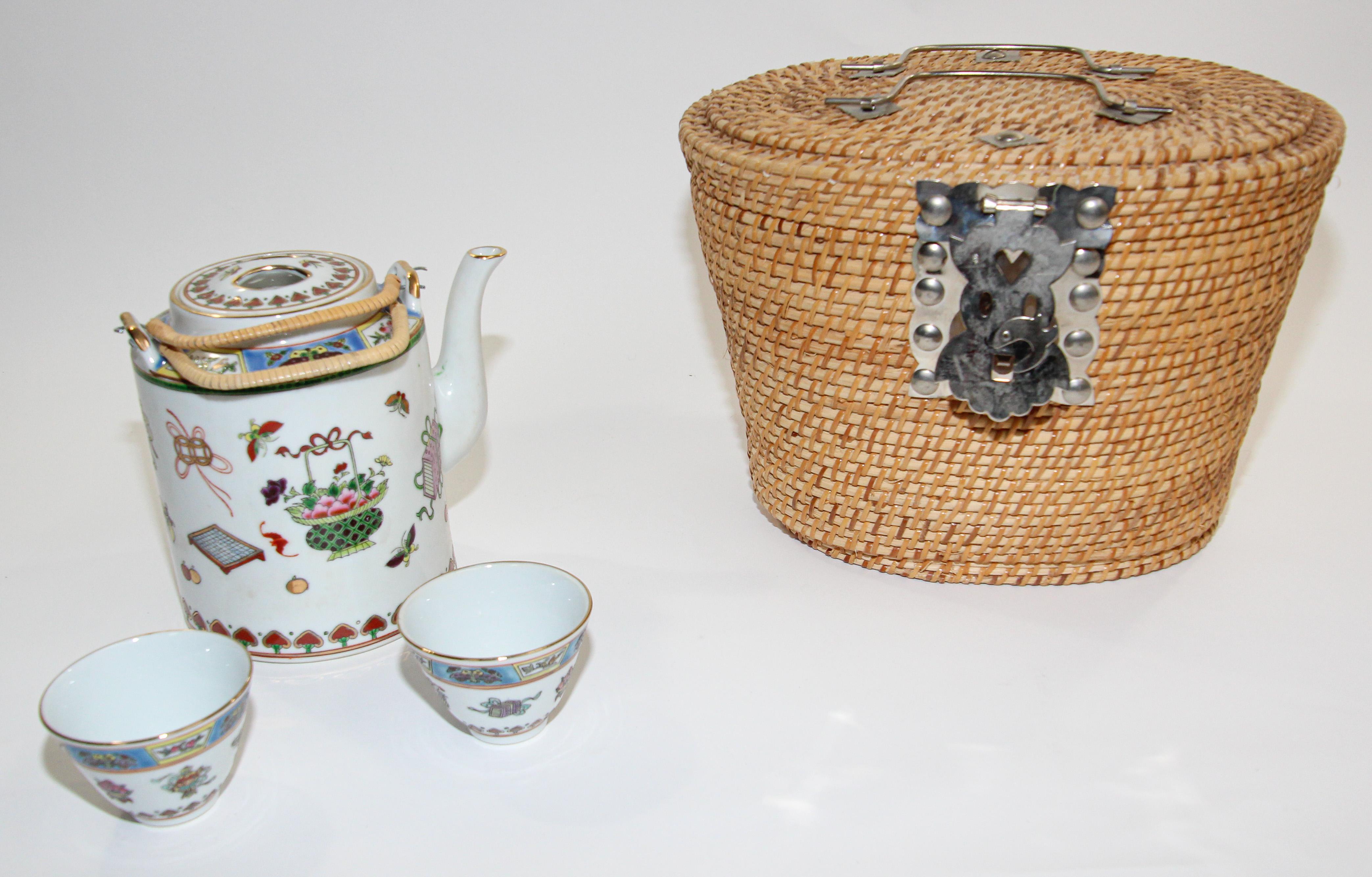 Hand-Crafted Vintage Chinese White Mun Shou Porcelain Tea Set in Basket
