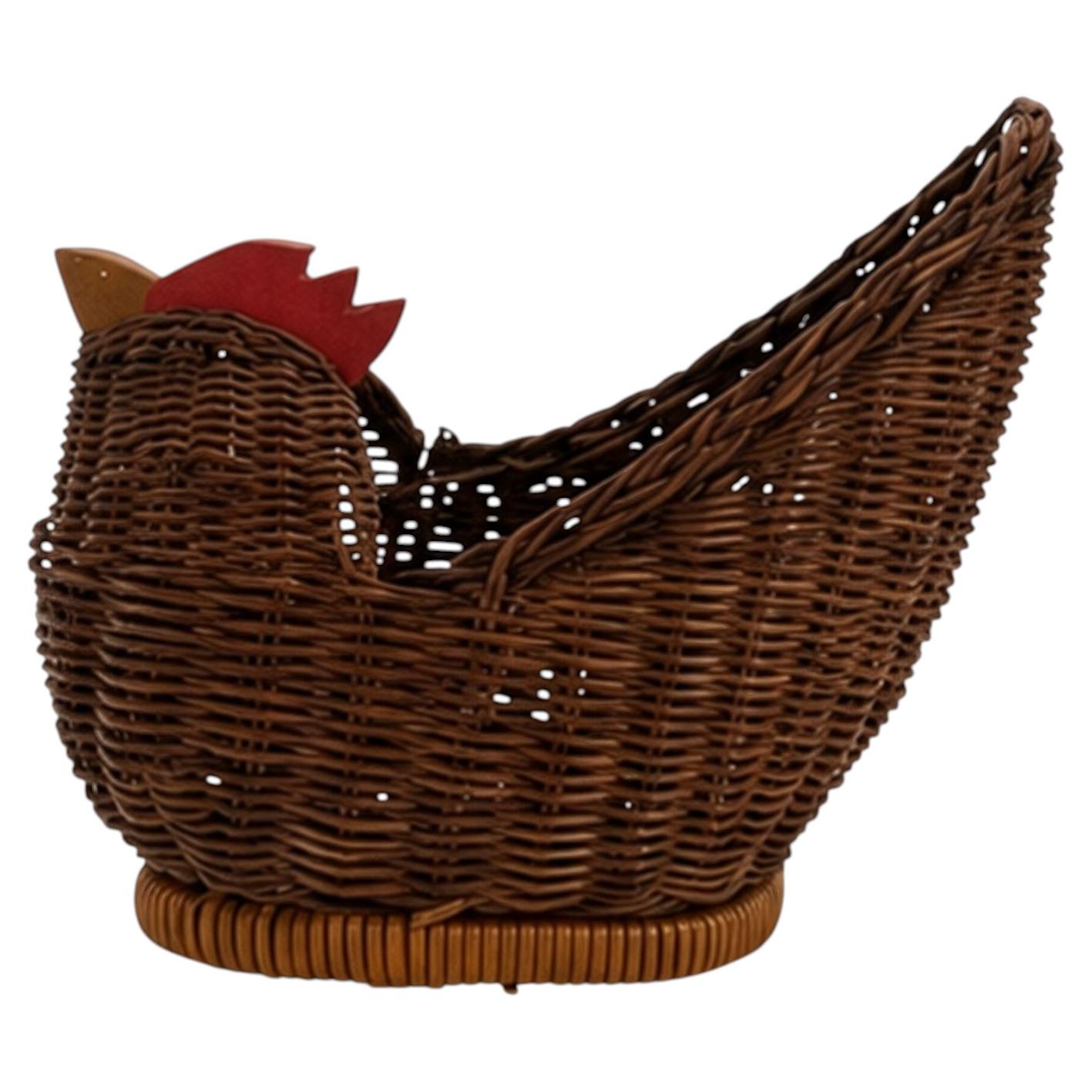 Vintage Chinese Wicker Hen Basket, Handwoven Rattan, 1970s