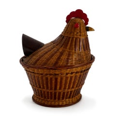 Vintage Chinese Wicker Hen Basket with Lid, Handwoven Rattan, 1970s