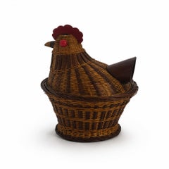 Panier à poule chinois vintage en osier avec couvercle, rotin tressé à la main, années 1970