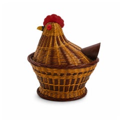 Panier à poule chinois vintage en osier avec couvercle, rotin tressé à la main, années 1970