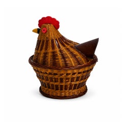 Vintage Chinese Wicker Hen Basket with Lid, Handwoven Rattan, 1970s