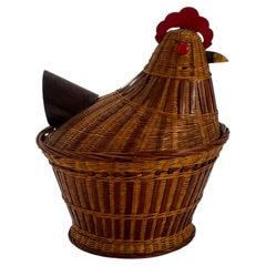 Vintage Chinese Wicker Hen Basket with Lid, Handwoven Rattan, 1970s