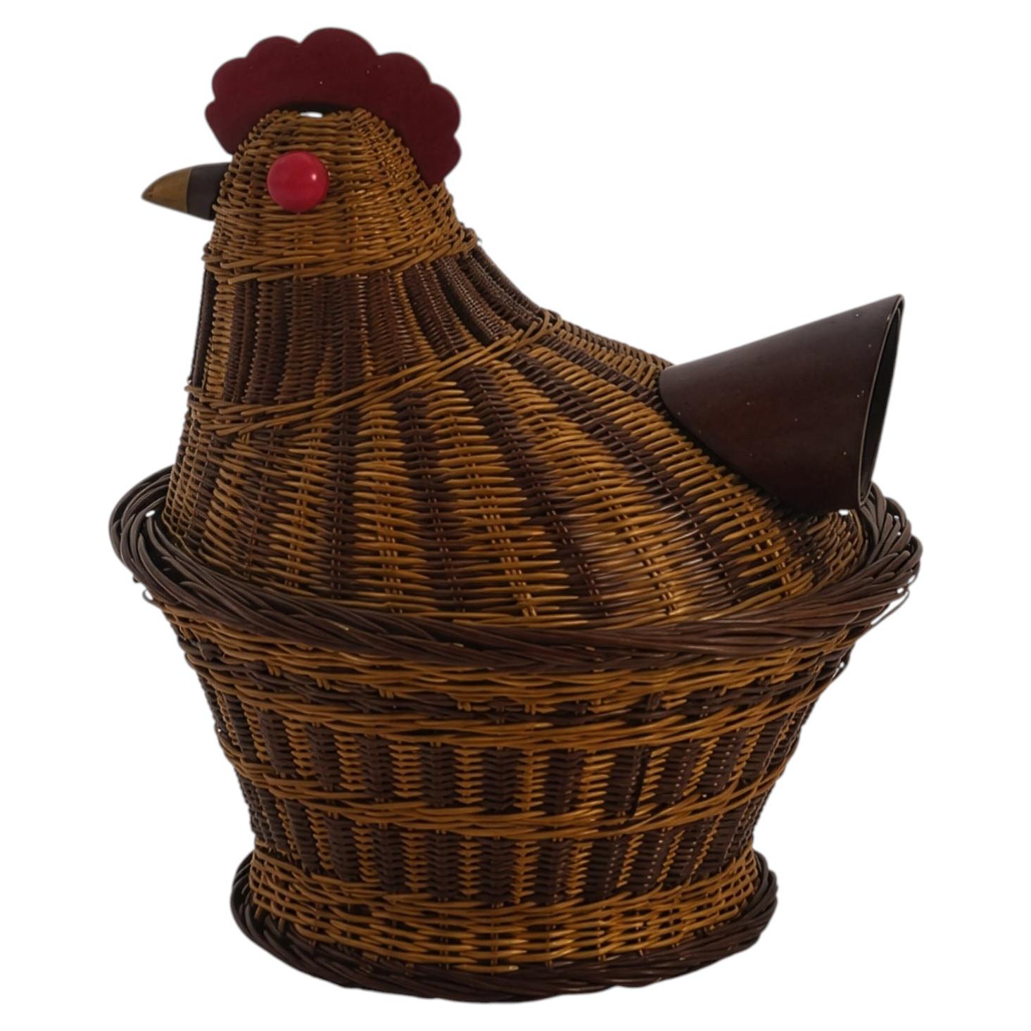 Vintage Chinese Wicker Hen Basket with Lid, Handwoven Rattan, 1970s