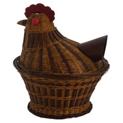 Panier à poule chinois vintage en osier avec couvercle, rotin tressé à la main, années 1970