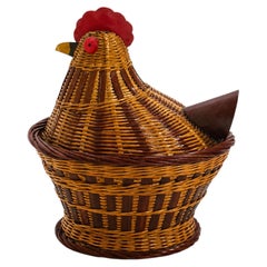 Panier à poule chinois vintage en osier avec couvercle, rotin tressé à la main, années 1970