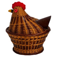 Vintage Chinese Wicker Hen Basket with Lid, Handwoven Rattan, 1970s