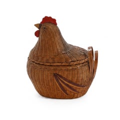 Vintage Chinese Wicker Hen Basket with Lid, Rattan and Bamboo, 1970s