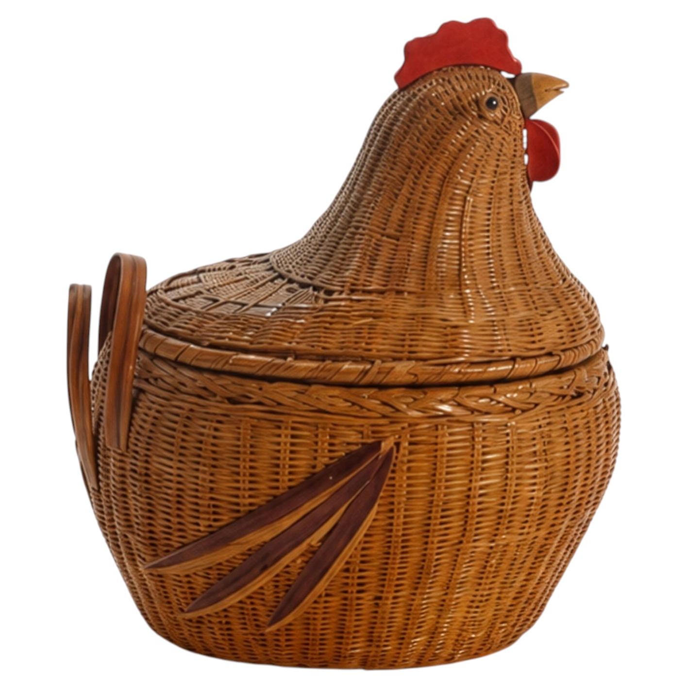 Vintage Chinese Wicker Hen Basket with Lid, Rattan and Bamboo, 1970s