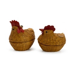 Vintage Chinese Wicker Hen Baskets, Handwoven Rattan, 1970s Folk Art