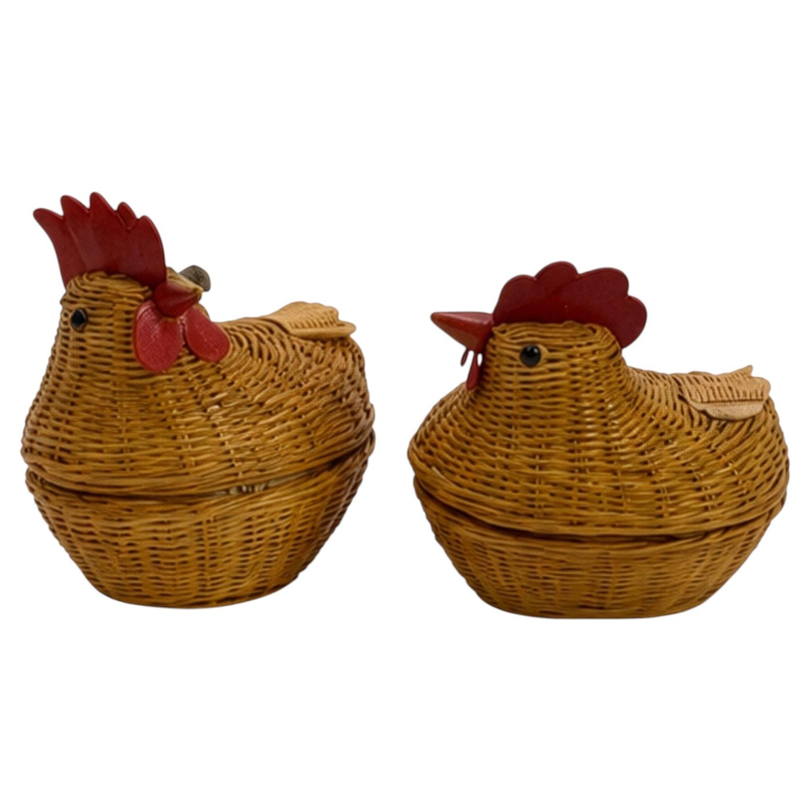 Paniers de poule en osier vintage chinois, rotin tressé à la main, 1970 Folk Art