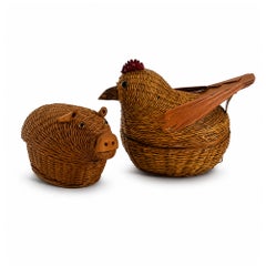 Vintage Chinese Wicker Pig and Bird Baskets, Rattan, Handwoven, 1970s